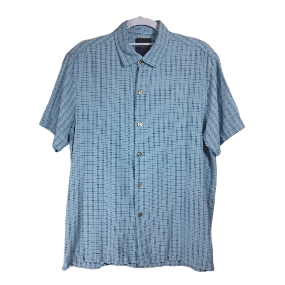Tommy Bahama 100% Silk Shirt Mens Medium Aqua Blue Plaid Woven Camp Vacation New
